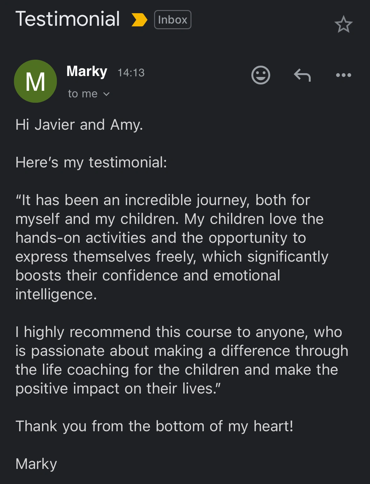 HelpingKids testimonial marky