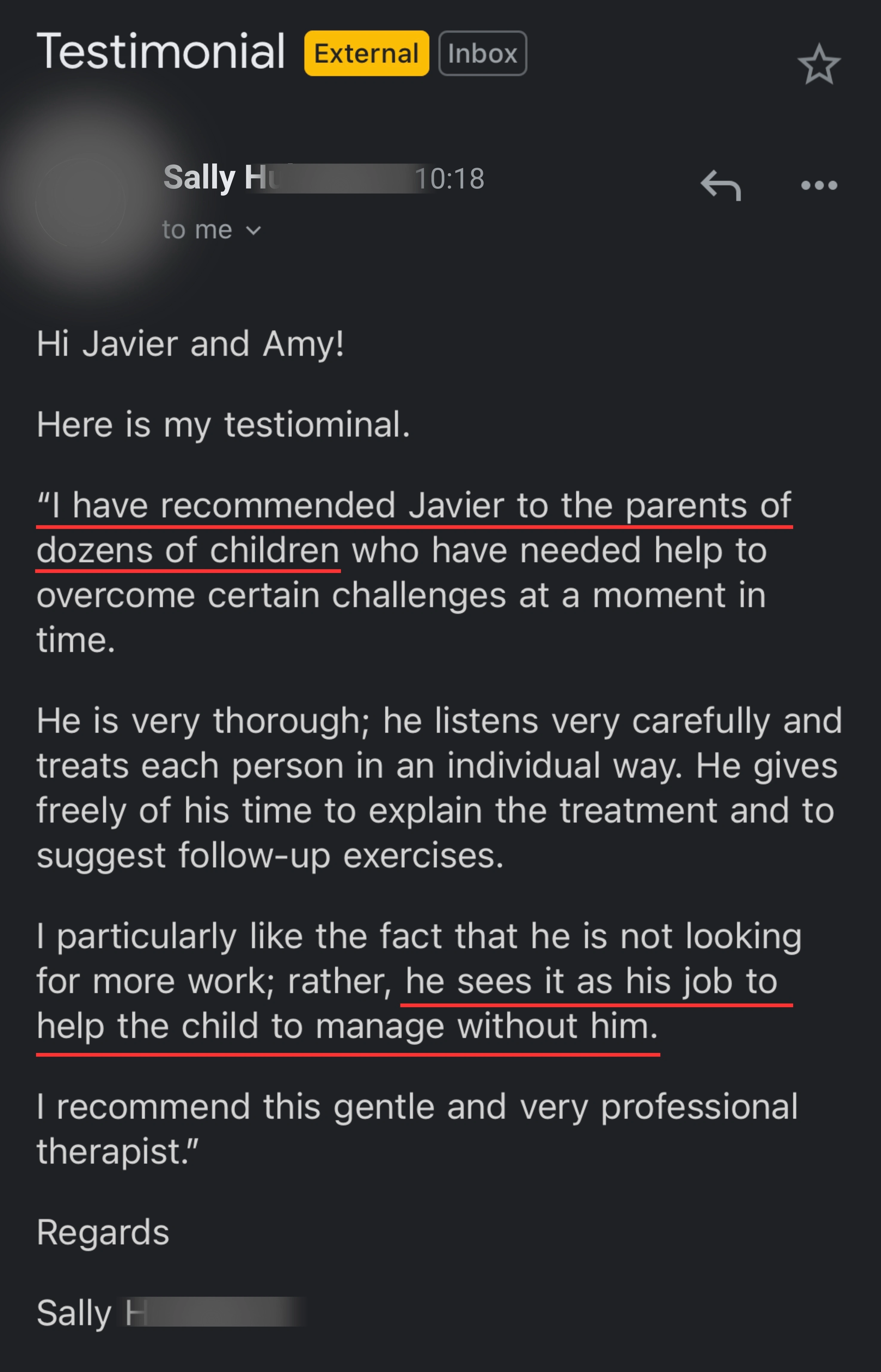 HelpingKids testimonial sally h