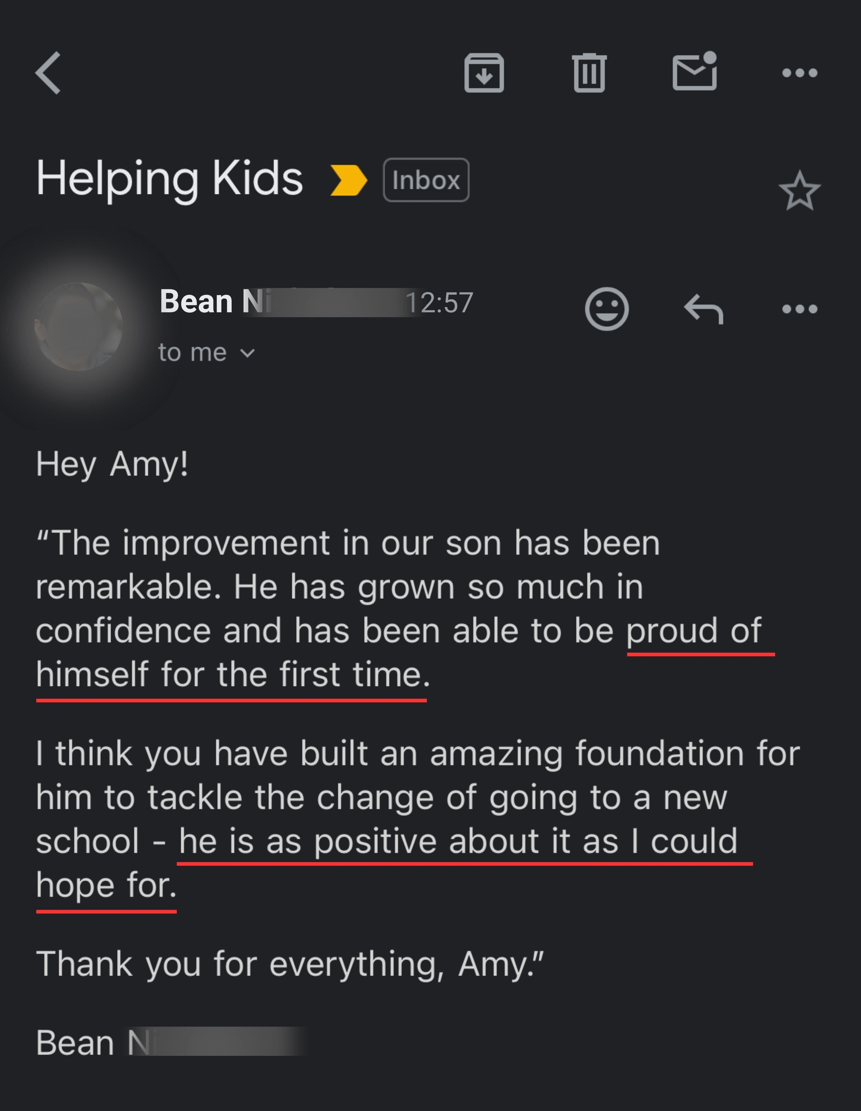 HelpingKids testimonial bean n