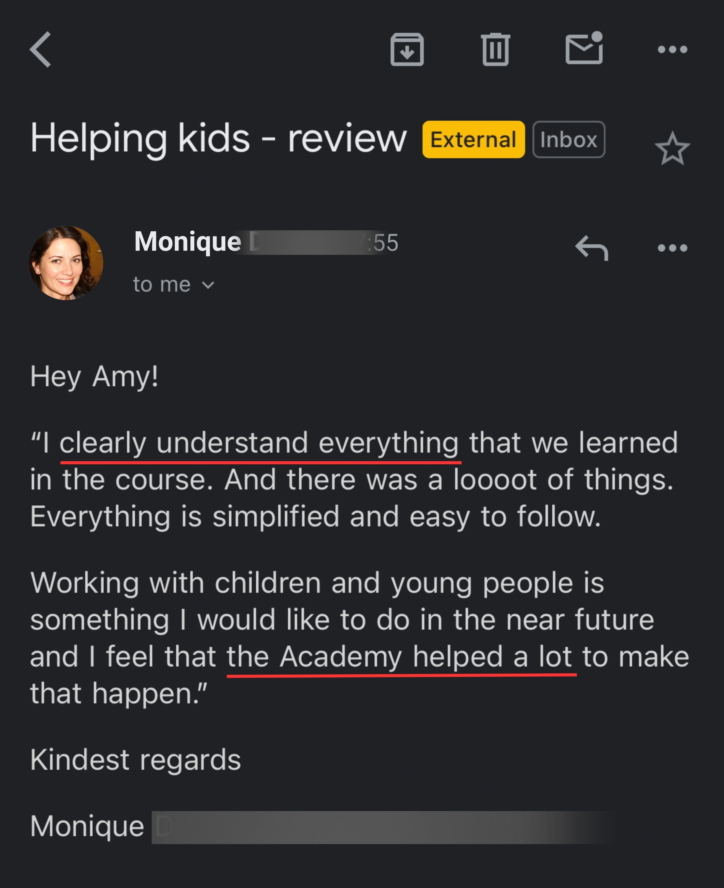HelpingKids testimonial monique d