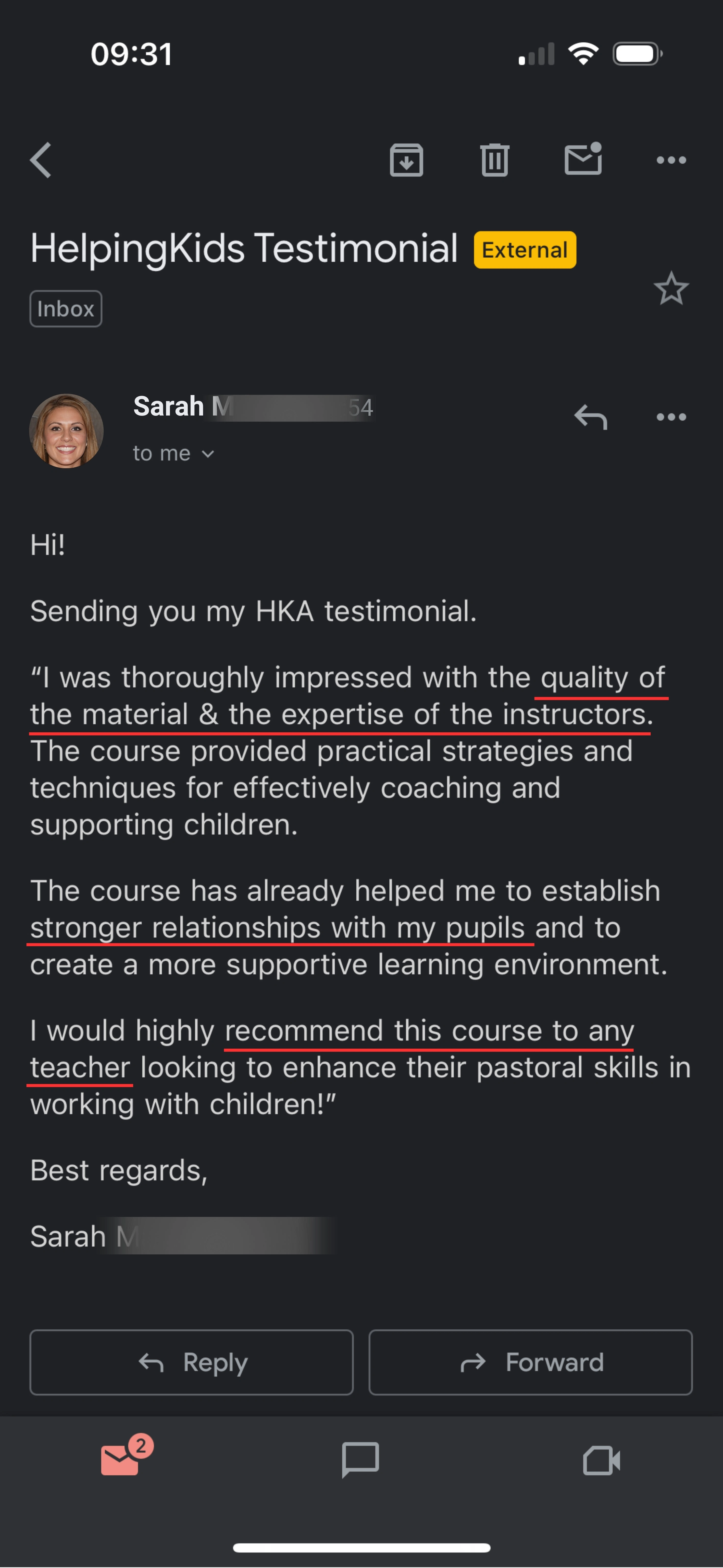 HelpingKids testimonial sarah m