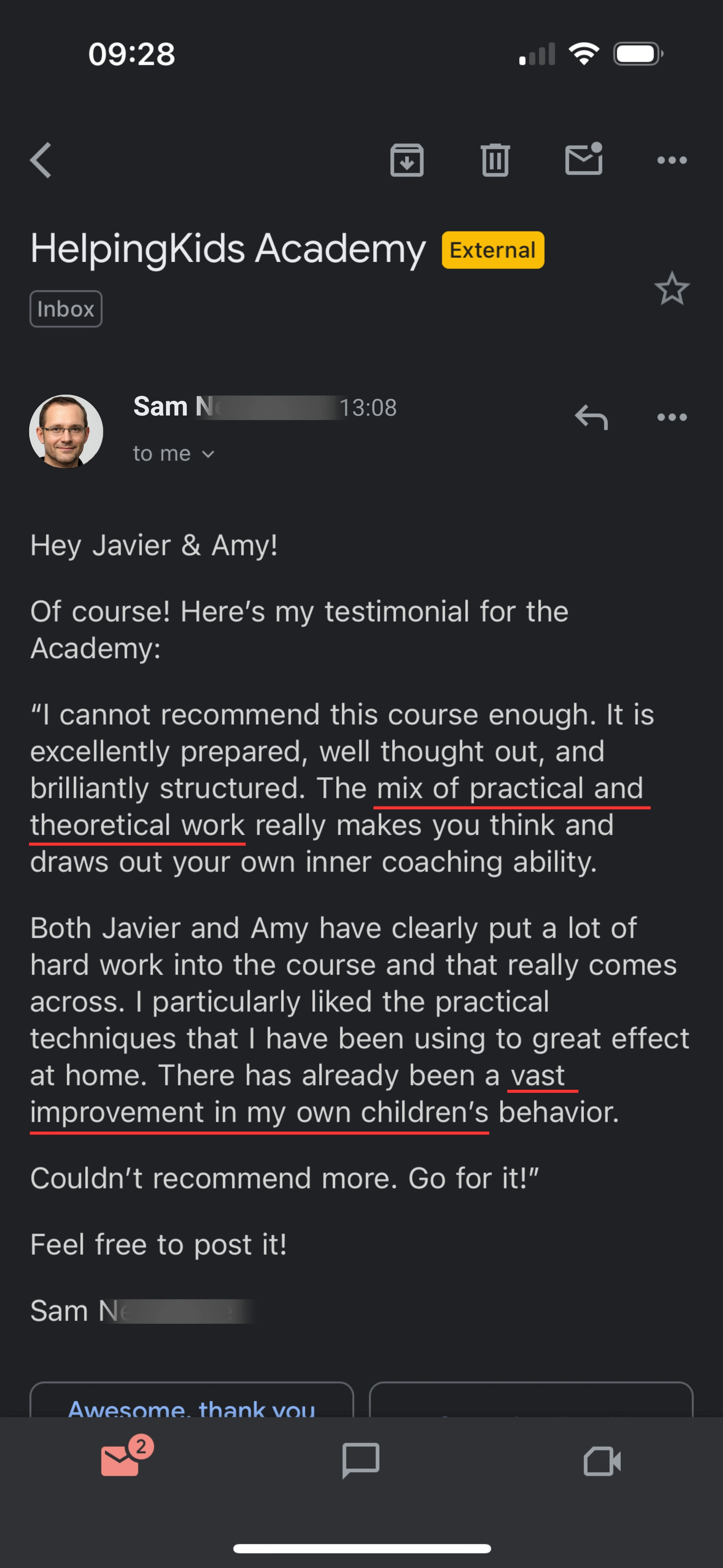 HelpingKids testimonial of sam n