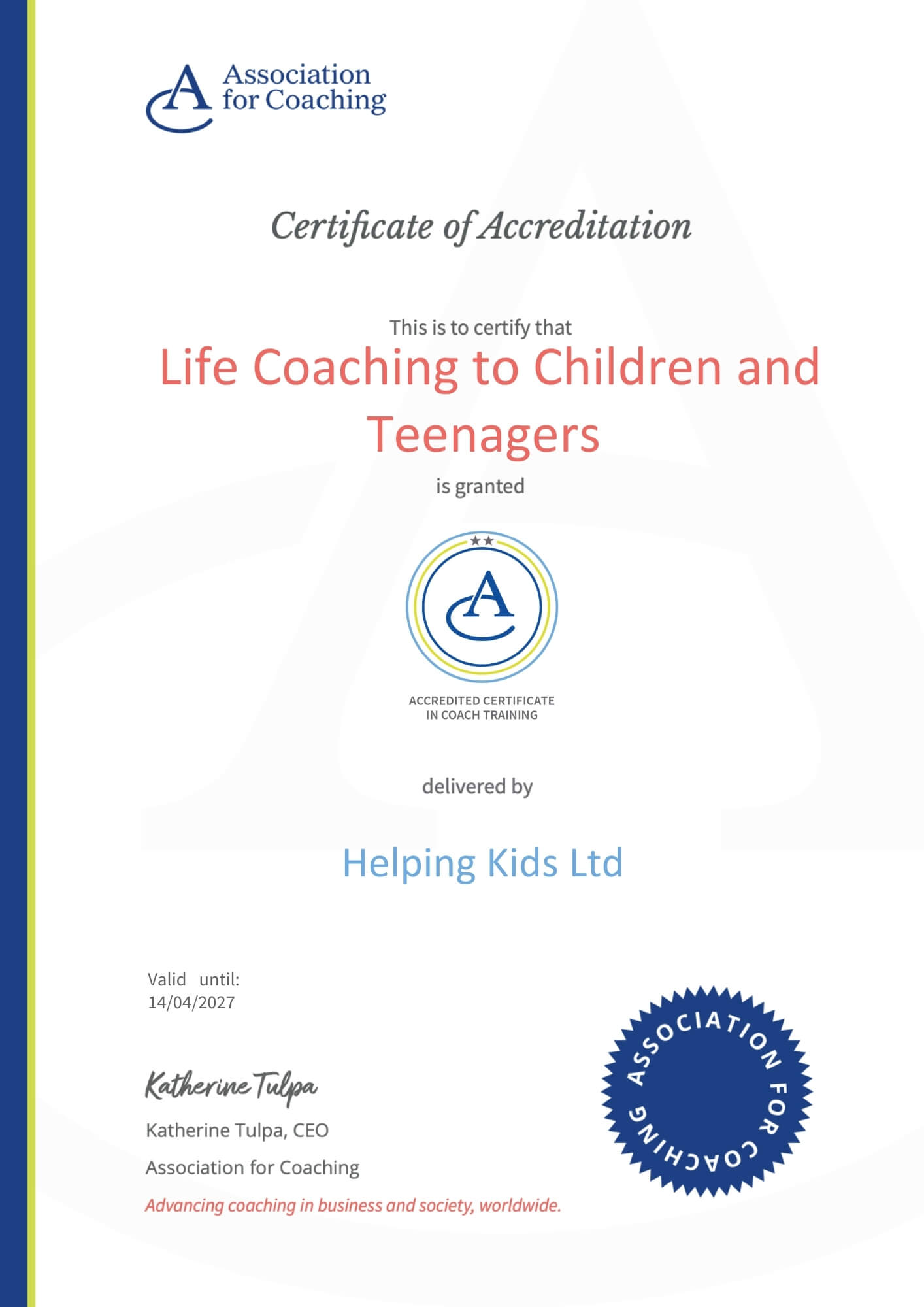 Helping Kids Certificate